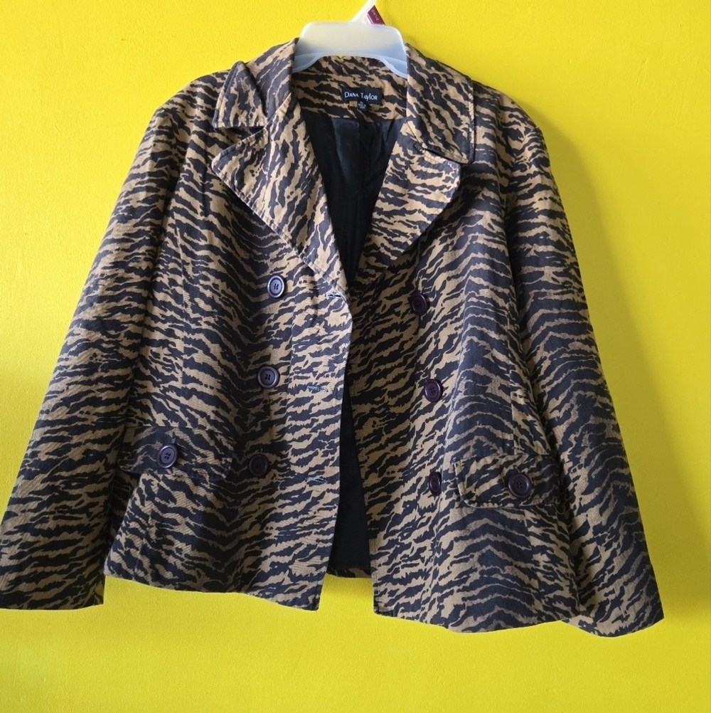 Dana Taylor Safari Style Jacket Tan Black Tiger Print XL Double Breasted - Picture 4 of 6